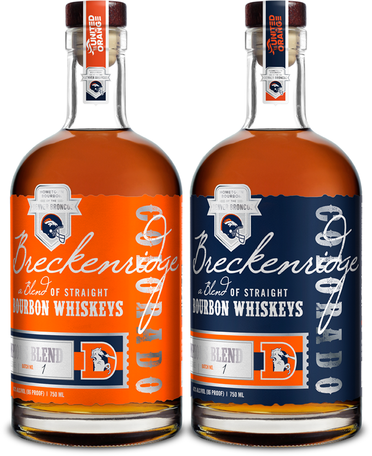 orange and blue editions denver broncos Breckenridge bourbon whiskey bottles